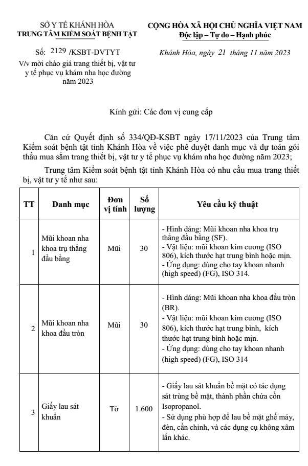 Mời chào giá trang thiết bị, vật tư y tế phục vụ khám nha học đường năm 2023